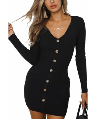 Sexy V Neck Long Sleeve Button Down Plain Bodycon Mini Dress Black