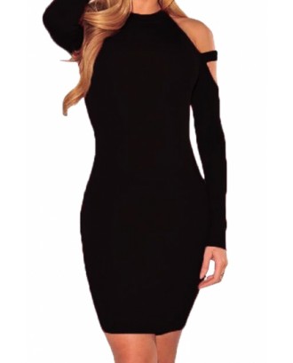Sexy Womens Cold Shoulder Long Sleeve Plain Bodycon Dress Black