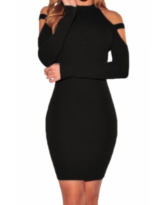 Sexy Womens Cold Shoulder Long Sleeve Plain Bodycon Dress Black