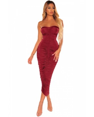 Solid Bandeau Ruched Bodycon Dress Ruby