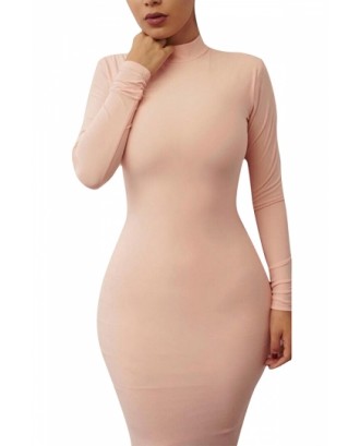 Womens Cheap Turtleneck Long Sleeve Bodycon Dress Nude