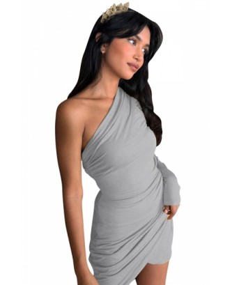 Sexy One Shoulder Long Sleeve Pleated Plain Bodycon Mini Dress Gray