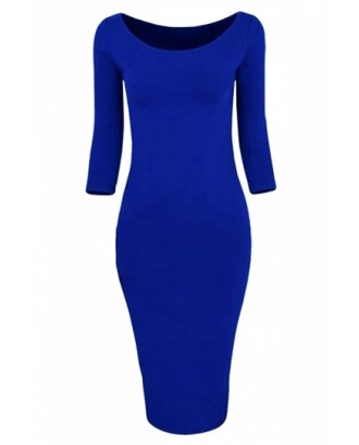 Womens Plain Crewneck 3/4 Sleeve Knitted Bodycon Dress Sapphire Blue
