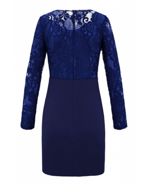 Long Sleeve Lace Patchwork Sheer Plain Bodycon Mini Dress Navy Blue