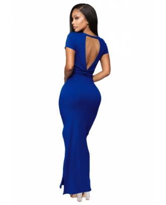 Backless Plain Maxi Dress Blue