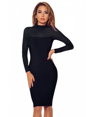 Womens Sheer Long Sleeve Plain Midi Bodycon Dress Black