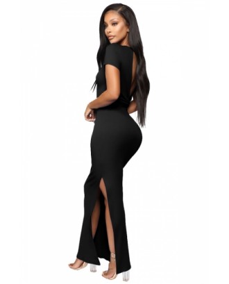 Short Sleeve Split Maxi Dress Black