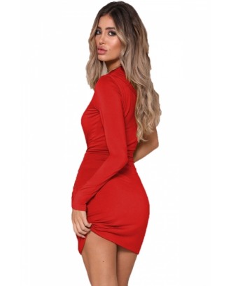 Sexy One Shoulder Long Sleeve Pleated Plain Bodycon Mini Dress Red