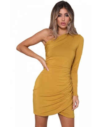 Sexy One Shoulder Long Sleeve Pleated Plain Bodycon Mini Dress Yellow