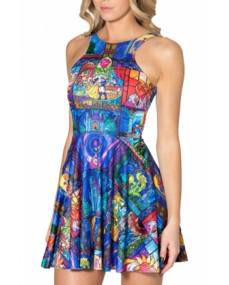 Blue Cute Ladies Beauty and the Beast Printed Apron Skater Dress