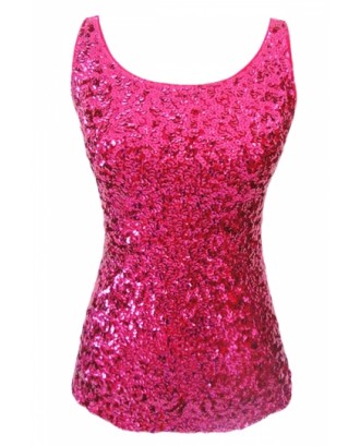 Womens Slimming Crew Neck Sleeveless Sequined Tank Top Rose Red