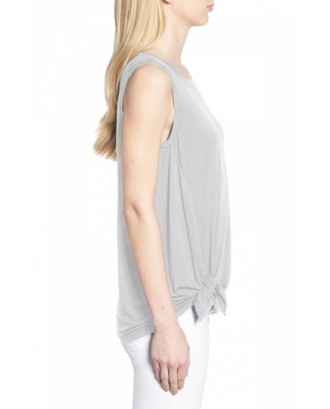 Crew Neck Knot Front Plain Pleated Tank Top Gray