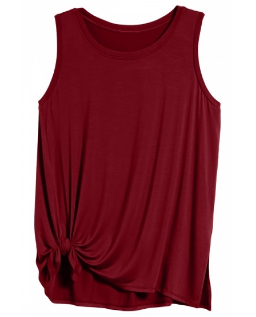 Crew Neck Knot Front Plain Casual Tank Top Ruby
