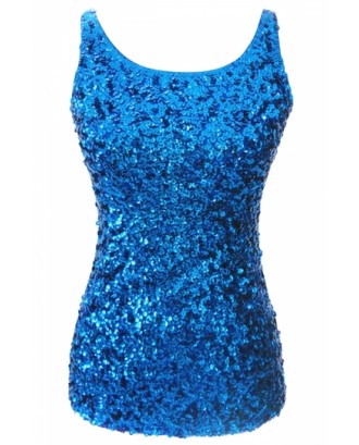 Womens Slimming Crew Neck Sleeveless Sequined Tank Top Blue