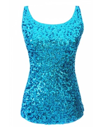 Womens Slimming Crew Neck Sleeveless Sequined Tank Top Turquoise