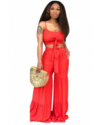 Tie Front Crop Top Ruffle Plain High Waisted Two-Piece Set Red