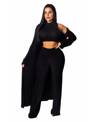 Crop Top&High Waisted Pants With Long Sleeve Coat Three-Piece Set Black