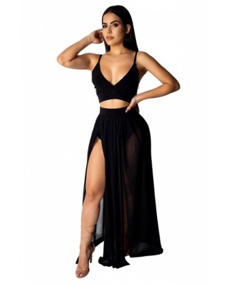 V Neck Crop Top High Waisted Split Maxi Skirt Two-Piece Set Black