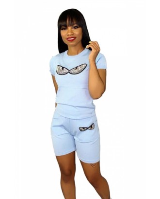 Plus Size Eye Print Sequin Tee Casual Shorts Two-Piece Set Light Blue