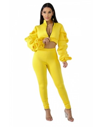 Long Sleeve Zip Up Crop Top&Elastic Pants Plain Two-Piece Set Yellow