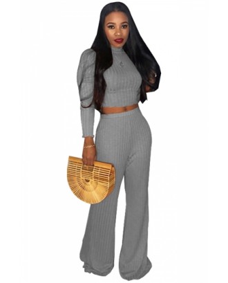 High Neck Long Sleeve Crop Top High Waisted Wide Legs Knitted Suit Gray