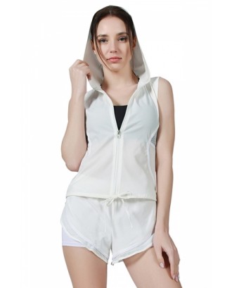 Sports Style Zipper Front Sleeveless Plain Mesh Two-Piece Set White