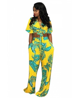 Plus Size Crop Top Tropical Print Wide Pants Two-Piece Set Yellow