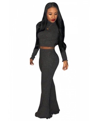 High Neck Long Sleeve Crop Top High Waisted Wide Legs Knitted Suit Black