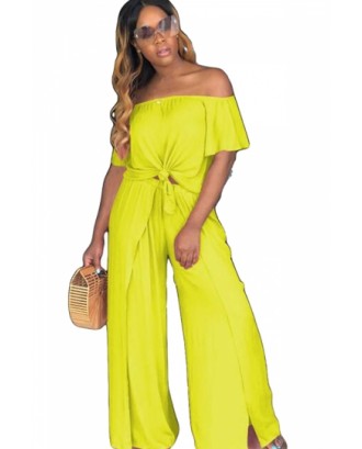 Plus Size Strapless Knot Front Top Wide Leg Pants Two-Piece Set Yellow