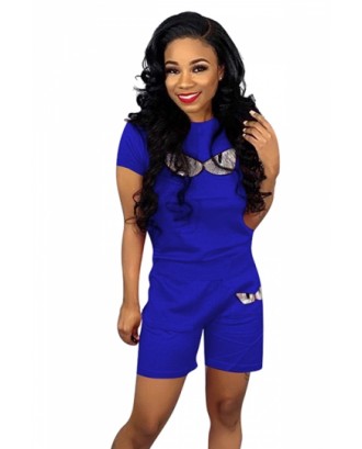 Plus Size Eye Print Sequin Tee And Shorts Two-Piece Set Sapphire Blue
