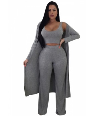 Crop Tank Top&High Waisted Pants With Cardigan Three-Piece Suit Gray