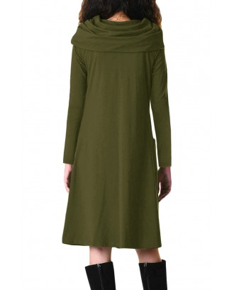 Olive Green Cowl Neck Long Sleeve Jersey Dress