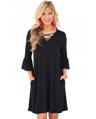 Black Crisscross V Neck Quarter Sleeve Short Jersey Dress