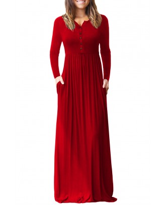 Red Long Sleeve Button Down Casual Maxi Dress