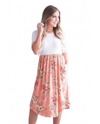 Peach Floral Skirt T-shirt Midi Dress