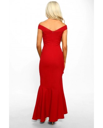Red Off The Shoulder Frill Detail Maxi Dress