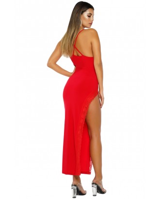 Red Side Slit Lace Trim Party Dress