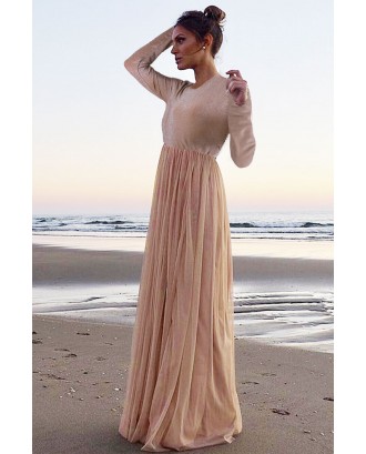 Long Sleeve Sequin Bodice Cocktail Wedding Party Maxi Dress