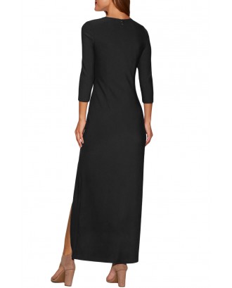 Grommet Side Slit Accent Black Maxi Dress