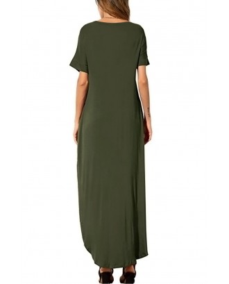 Green Casual Loose Pocket Short Sleeve Split Maxi Dress