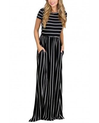 White Striped Black Short Sleeve Maxi Dress