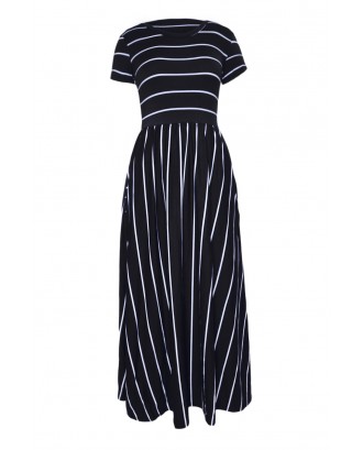 White Striped Black Short Sleeve Maxi Dress