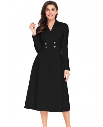 Black Vintage Button Collared Fit-and-flare Dress