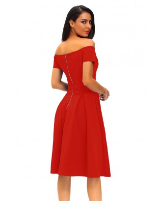 Solid Red Thick Flare Midi Vintage Dress