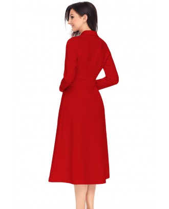 Red Vintage Button Collared Fit-and-flare Dress