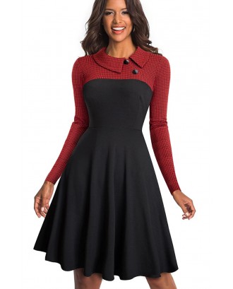 Red Vintage Turn-Down Collar Pinup Button A-Line Dress
