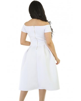 Solid White Thick Flare Midi Vintage Dress