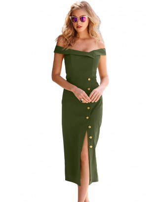 Green Military Button Off-The-Shoulder Vintage Dress