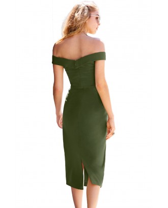 Green Military Button Off-The-Shoulder Vintage Dress