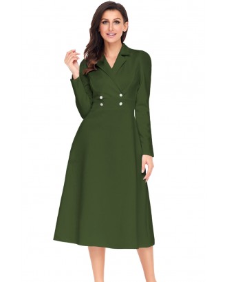 Army Green Vintage Button Collared Fit-and-flare Dress